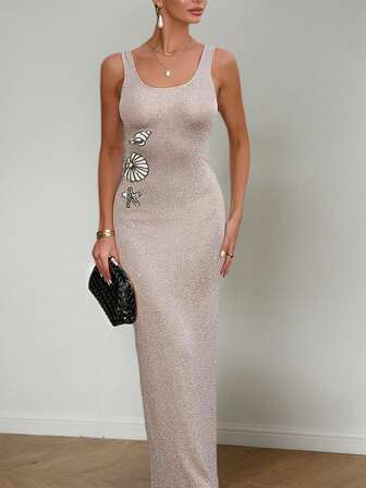 Yuwenier 优雅亮片装饰透视方领无袖针织紧身连衣裙，适合夏季海滩度假，长款太阳裙