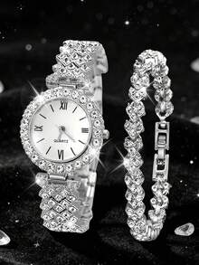 2pcs Women's Fashion Casual Quartz Watch, Round Luxury Full Diamond Watch, Paired With Rhinestone Bracelet Jewelry Set, Suitable For Daily Wear, Festivals And Parties, Best Gift For Women - Silver - View 9