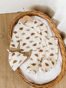 2pcs Baby Boy Cute Bear & Bread Print Long Sleeve Top + Footed Pants Set - Apricot - View 1
