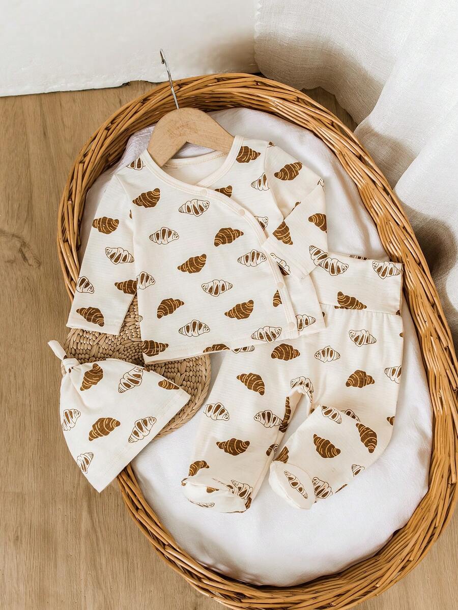 2pcs Baby Boy Cute Bear & Bread Print Long Sleeve Top + Footed Pants Set - Apricot - View 1