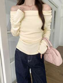 1pc Women's Off-Shoulder Ruched Waist Long Sleeve T-Shirt, Slim Fit Layering Top - Apricot - View 1