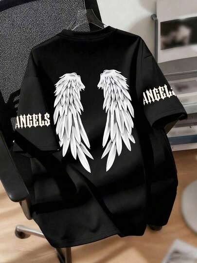 Wings And "Angel Wings" Graphic Print T-Shirt , Casual And Comfortable Machine Washable Spring/Summer Casual Streetwear,Suitable For Daily Wear, Going Out, Party, School, Attending Music Festivals, Vacation, Commuting. Can Be Given As A Gift To Family, Boyfriend,Girlfriend, Friends,Girls Summer Clothes