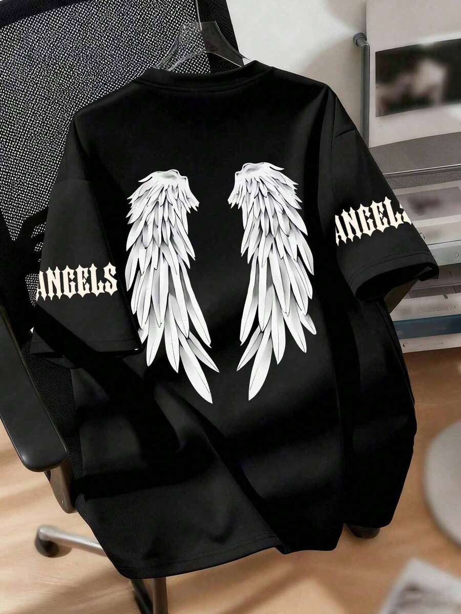 Plus Size dam T-shirt med vingar och "ängelvingar" grafiskt tryck, svart, casual streetwear-stil för vår/sommar - Svart - Visa 1