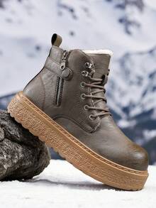 Men's Boots, Thick Sole Snow Boots, Classic Glossy Leather Side Zipper Mid-Calf Boots, Fashion Versatile Winter Outdoor Travel Hiking Boots, Thermal Lining Warm Insulation