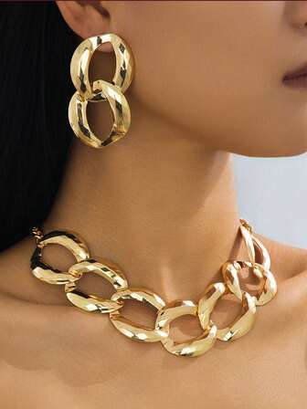 Fashionable Geometric Hollow Pendant Necklace & Earrings Jewelry Set For Women, Versatile Accessories Gift