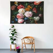 Large Horizontal Floral Tulip Tapestry Wall Decor - High Definition Printed Peony And Rose Plant Art, Black Background, Durable Beige Friendly Fabric Texture (Similar To Towel Cloth) Suitable For Bedroom Decoration - Retro Dutch Style - 白色 - 查看 4