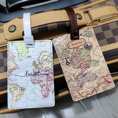 Creative World Map Pattern Luggage Tag, High-Quality Travel Accessory, Luggage Tag, PU Leather Label, Boarding Pass, Name ID Tag With Privacy Cover, Portable Boarding Pass Suitcase Tag Card Holder Name Tag For Luggage Waterproof Airplane Vacation Travel Accessories Holiday Essential Summer Travel Essentials