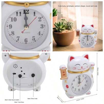 Reloj Chino con Forma de Gato de la Suerte, Bonito Despertador con Forma de Gato de Dibujos Animados, Movimiento de Cuarzo Incorporado, Despertador con Forma de Gato de la Suerte
