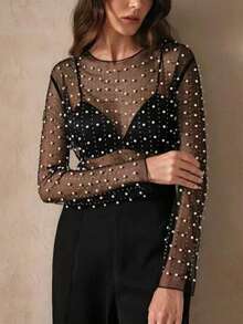 Women See Sheer Sparkle Pearl Rhinestone Studded Top Round Neck Long Sleeves See Through Mesh Blouse For Wedding Guests - 黑色 - 查看 3