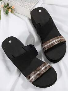 2025 Neue süße Stil Strass Keilabsatz Sandalen für Frauen, Sommer Plateau Slip-On Lässig Schuhe, Strandurlaub Pantoffeln - Schwarz - Übersicht 2