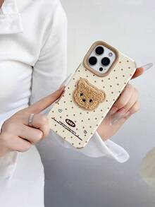 1个可爱波点彩绘3D泰迪熊真皮手机壳，兼容苹果11、12、13、14、15、15 Pro、15 Pro Max、16、16 Pro、16 Plus、16 Pro Max、17、17 Pro、17 Pro Max - 彩色 - 查看 2