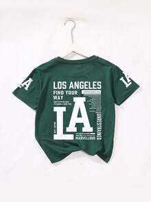 Tween Boy LA Slogan Print Crew Neck T-Shirts Summer Boy's Casual Tee Soft Tops,Streetwear And Vacation Wear.Suitable For And Boys To Wear,Suitable For Daily Wear,Can Be Given As A Gift To Family,Girlfriend, Friends,Comfortable Short Sleeves Casual Pullover, Machine Washable, Daily Essential, Loose Style, Suitable For Both Boy And Women, Street Style - Dark Green - View 8