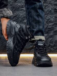 Black Sneakers, Men's Casual Sneakers, New Fashionable Sneakers, Comfortable, Versatile Thick-Soled Heightening Sneakers Mid Top Lace Up Men's Hiking Shoes - Black - View 3