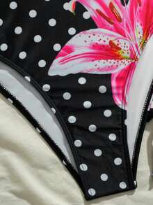 Women's Summer Vacation Beach Floral & Polka Dot Print Halter Tie Bikini 3 Pieces Set - Black - View 7