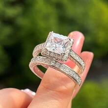 2pcs Luxury Women's Fashion Zirconia Ring Set Wedding Band Engagement Party Birthday Anniversary Christmas Gifts For Women Girlfriend Fine Jewelry - 銀色 - 查看 4