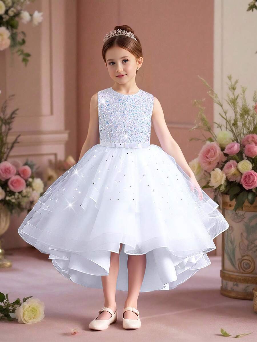 女童无袖圆领亮片蝴蝶结薄纱拖尾蓬蓬裙，优雅大方，适合婚礼和派对穿着，不含头饰 - 白色 - 查看 1