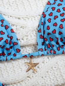 wohenmeili 女士爱心印花挂脖比基尼套装，度假沙滩装 - 藍底紅心 - 查看 8