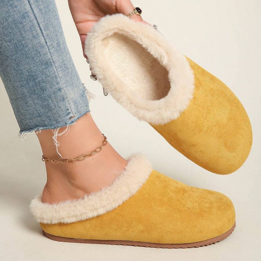 Autumn/Winter Fleece-Lined Closed-Toe Half-Slippers, Two-Way Wear, Soft-Soled, Warm, Slip-On Shoes For Women - 黃色 - 查看 1