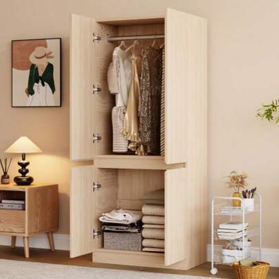 Kleiderschrank 70 * 40 * 170 Cm, Doppeltür-Design Mit Großen Staufächern, Holzfarbe