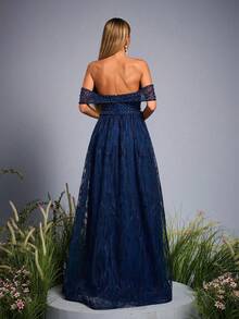 Đầm maxi dáng chữ A trễ vai màu xanh hải quân đính hoa và hạt cườm của Anpoket, trang phục mùa hè thanh lịch dành cho nữ, thích hợp cho dạ hội, tiệc tối, tiệc tùng và lễ hội. - Màu xanh hải quân - Xem 2