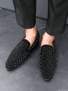 Men's Leather Spikes Loafers Studded Dress Shoes Slip-On Fashion Flats Long Rivet Wedding Party Prom Shoes - 黑色 - 查看 7