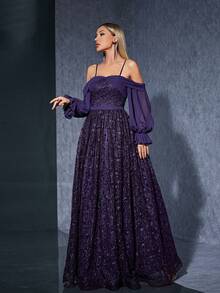 One-Shoulder Sling Chiffon Long Sleeve Embroidered Lace High-End Evening Dress - Purple - View 6
