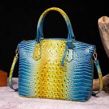 Luxurious Crocodile Pattern Cross-Body Top-Handle Bag - High-End Fashion Handbag For Women's Work And Daily Use - Premium Quality, Stylish Design, Multiple Pockets, Adjustable Strap - 藍+黃 - 查看 3