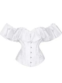 New Satin Floral Ruffle Off Shoulder Corset Top With Tie Back, Waist Cinching Shapewear - White - View 9