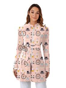 cimmuovere Women's Long Sleeve Puff Sleeve Long Open Front Collar Waist Tie Cute Print Scrubs Nurse Scrubs Workwear Dentist Healthcare Pet Hospital Laboratory Jacket Spring - Dusty Pink - View 1