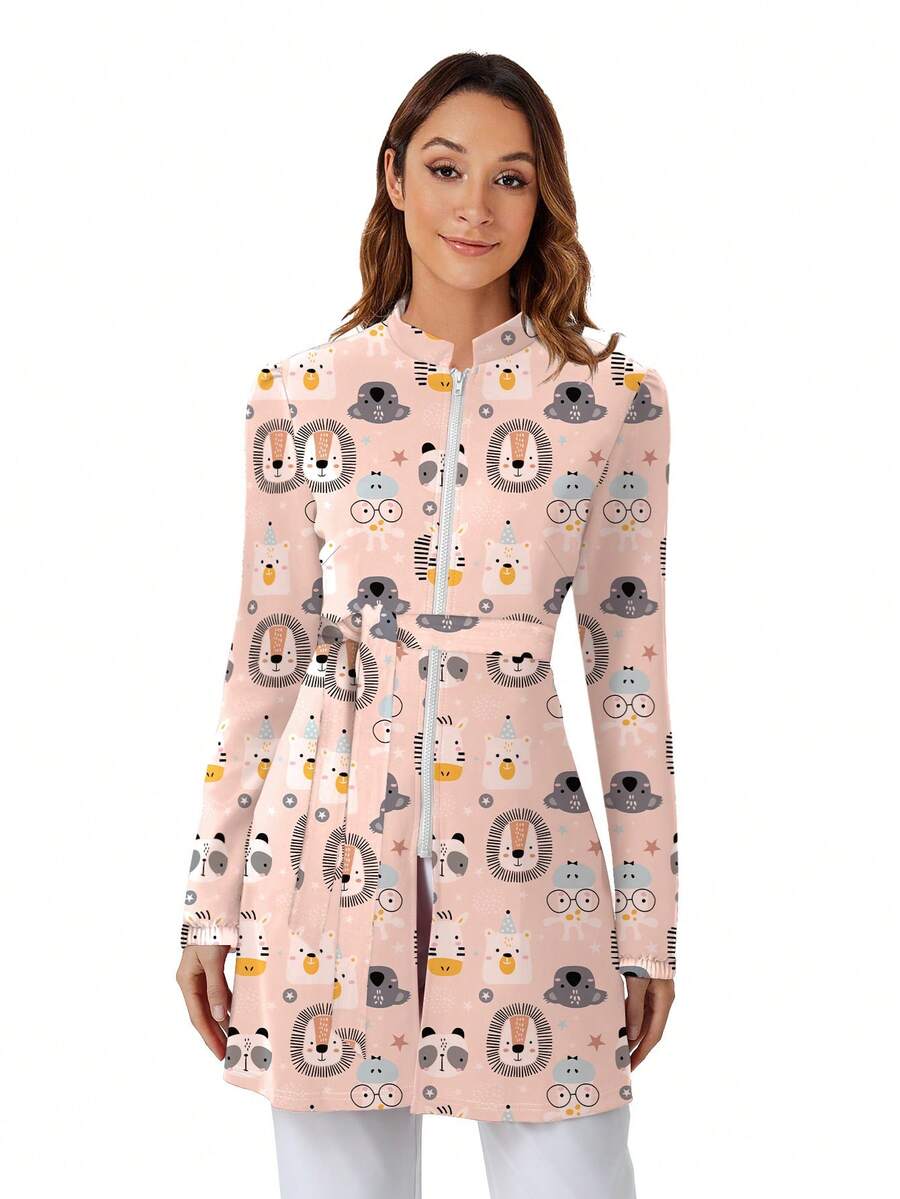 cimmuovere Women's Long Sleeve Puff Sleeve Long Open Front Collar Waist Tie Cute Print Scrubs Nurse Scrubs Workwear Dentist Healthcare Pet Hospital Laboratory Jacket Spring - Dusty Pink - View 1