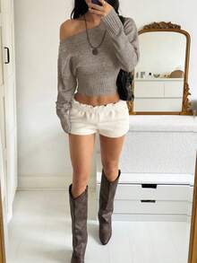 Sexy Open Shoulder Off Shoulder Knit Sweater, Comfortable & Elegant, Suitable For Dating, Casual Gatherings, And Travel In Autumn/Winter - Camel - View 3