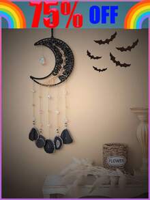 1pc Natural Agate Gemstone Halloween Moon Dream Catcher, Decorated With Crystal And Tree Of Life Gems - Wall Decor For Room And Garden - Multicolor - View 1