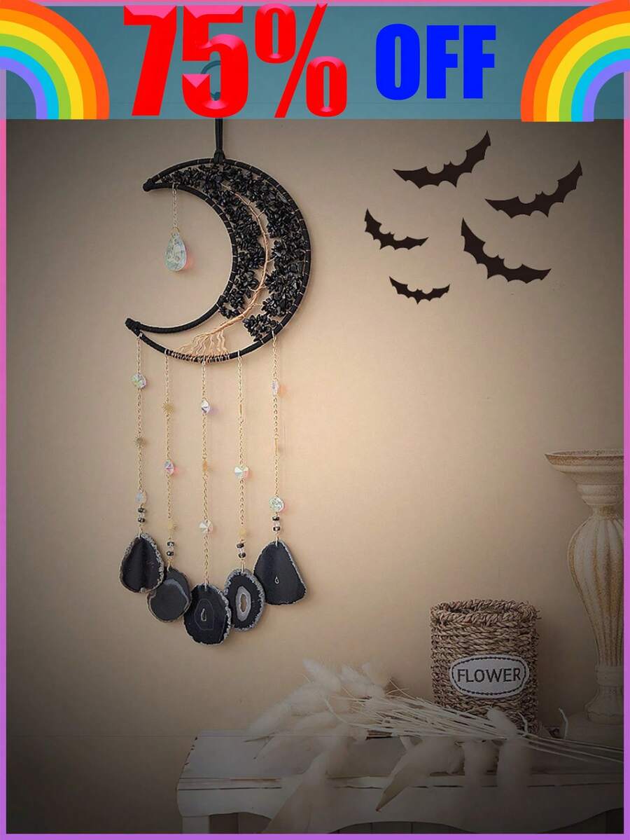 1pc Natural Agate Gemstone Halloween Moon Dream Catcher, Decorated With Crystal And Tree Of Life Gems - Wall Decor For Room And Garden - Multicolor - View 1