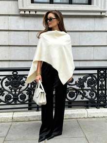 Women's Elegant Ribbed Knit Asymmetric Collar Batwing Sleeve Short Sleeve Regular Knit Top - Apricot - View 2