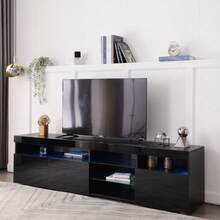 Modern Black TV Unit, Glossy Panel, Variable LED Lighting, For Living Room And Dining Room, 180cm - Black - View 4
