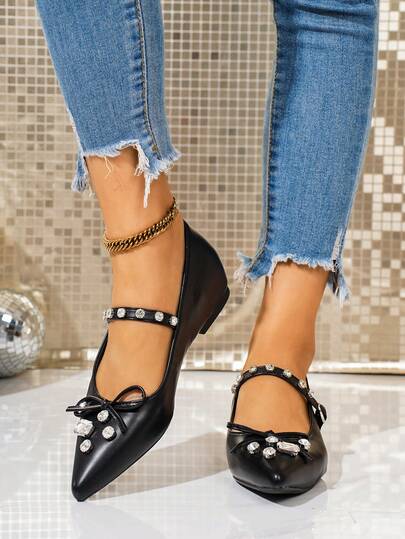 New Plus Size Comfortable Flat Casual Everyday Commute Vacation Outing Lightweight Slip-On Shoes With Metal Buckle, Rhinestone Bow Decor, Pointed Toe, Hidden Wedge Heel, Black