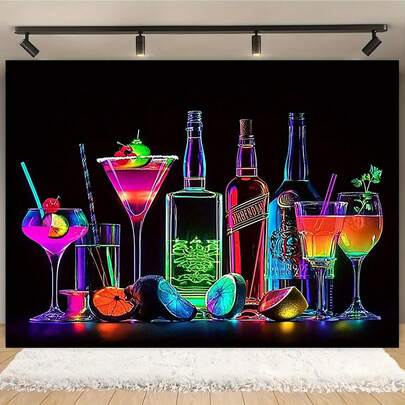 2D Flat 1 Pc Vibrant Neon Cocktail Party Backdrop - Colorful Hawaiian Cocktail Drink Poster Banner And Photography Background, Polyester, Perfect For Festival, Birthday, Wedding Party Decoration, Garden And Room, Versatile Decor For All Seasons, No Power Needed, Hawaiian Party Decoration