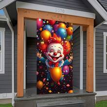 2D Flat Door Banner, 1 Pc Extra Large Carnival Party Door Banner - Clown And Balloon Decorations, Vibrant Red Hair, Birthday Wedding Party Decor - No Electricity Required, Easy-Hang Door Curtain For Home, Events, Daily Decor - Polyester Fabric, Carnival-Themed Party Decor, Festive Home Decor, Fun Design, Outdoor-Suitable Material, Lightweight Material