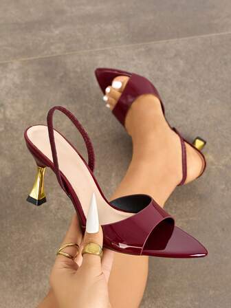 Women's High Heel Shoes, Fashionable High-End Unique Color Blocking Wineglass Heel Pointed Toe Shiny Soft Mirror Material One-Strap Sexy Elegant Ankle Strap Suitable For Any Formal Occasion, Wine Red Versatile Ladies Formal Sandals, Glamorous High Heels