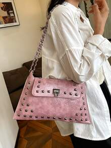 1pc Solid Color PU Leather Handbag With Lock Closure, Fashionable Crossbody Bag For Shopping, Dating, Women's Gift, Great For Office, School, Work - 粉色 - 查看 1