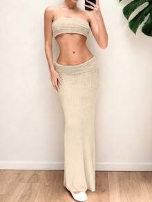 Elegant Party Dress & Casual Wear | Cream Fuzzy Knit Maxi Skirt | Low-Waist Design, Showcases Graceful Elegance | Perfect For Christmas Events And Beach Vacations | Must-Have For New Year, Suitable From Office To Evening - Khaki - View 5