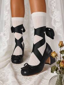 Women's Ballet High Heels Mary Janes Elegant Satin Lace Up Ballerina Chunky Heels Bow Knot Sweet Cute Party Date Versatile Shoes For Women - 黑色 - 查看 6