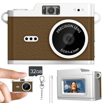 迷你数码相机，高清数码相机带闪光灯，支持32GB 1080P高清视频录制，便携式单反摄像机，多种滤镜，适合Vlog和旅行摄影