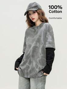 تي شيرت بطبعات مختلفة وأكمام طويلة، موضة للنساء الشابات، إصدار رأس السنة الجديدة - 409 رمادي وأسود - مشاهدة 3