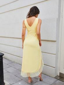 Halouya Women's Elegant Lace Patchwork Zipper High Slit Ruffle Hem Net Splice Wedding Guest Dress, Suitable For Summer Evening Dates And Parties - Yellow - View 3