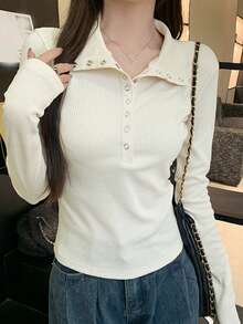 Áo thun dài tay dáng ôm có cổ dành cho nữ, áo lót mỏng nhẹ. - Màu be - Xem 2