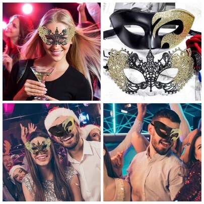 SIQUK Couples Mask Set, Halloween Plastic Venetian Mask, Mardi Gras Mask For Women Men