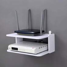 1 pieza Estante organizador montado en la pared para router y WiFi - Soporte de gestión de cables para módem, decodificador y accesorios de TV | Diseño decorativo de almacenamiento ahorrador de espacio, con ventilación | Instalación sin taladrar, crea un diseño ordenado en el hogar/oficina, organizador práctico - Multicolor - Ver 2