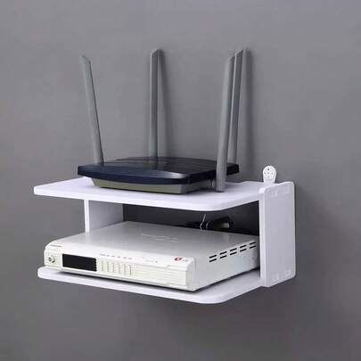 1 pieza Estante organizador montado en la pared para router y WiFi - Soporte de gestión de cables para módem, decodificador y accesorios de TV | Diseño decorativo de almacenamiento ahorrador de espacio, con ventilación | Instalación sin taladrar, crea un diseño ordenado en el hogar/oficina, organizador práctico