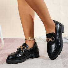 Women's Loafers Flat Shoes, Collegiate Style Pure Metal Buckle Office Wear Black Shoes, Round Toe Chunky Heel Slip-On Mid-Top Shoes - Black - View 4